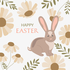 Postcard with Easter eggs, rabbit and flowers in flat style in pastel colors.