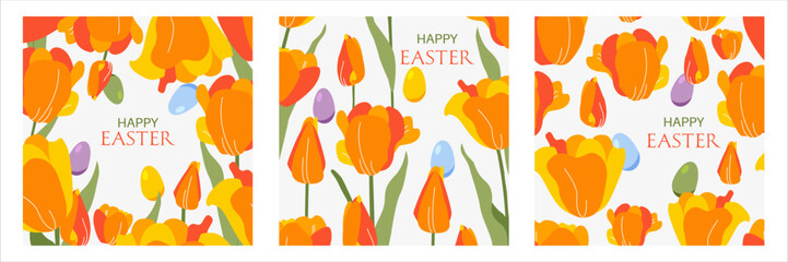 Colorful postcards with flowers and Easter eggs in flat style.