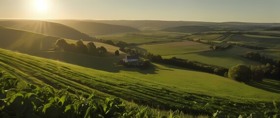 Fototapeta premium A scenic overlook featuring lush farmland kissed by sunlight providing stunning views of the beauty and richness of agricultural life