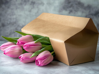 pink tulips in box