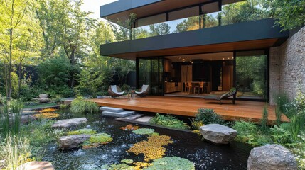 Modern house with large glass windows overlooking a serene garden pond filled with lily pads