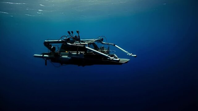 Advanced autonomous underwater vehicle navigating in the deep blue, collecting data and exploring the marine environment with its robotic arms and sensors