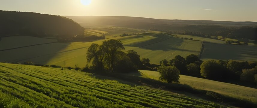 A scenic overlook featuring lush farmland kissed by sunlight providing stunning views of the beauty and richness of agricultural life