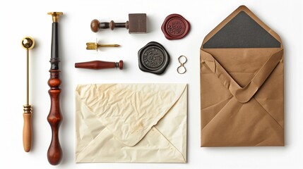 A traditional letter-writing set with embossed envelopes, a wax stamp, and a fine-tipped pen, isolated on white. The classic textures and vintage charm add elegance.