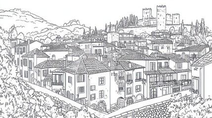 Fototapeta premium Hilltop Italian town sketch, castle backdrop, travel guide illustration