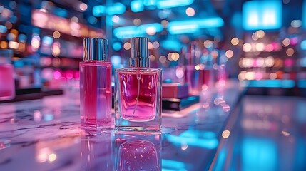 Vibrant display of perfume bottles in a modern retail store with colorful lighting