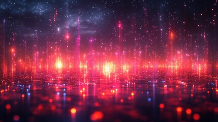 Obraz premium Vibrant digital landscape with glowing particles and reflections, creating a futuristic atmosphere