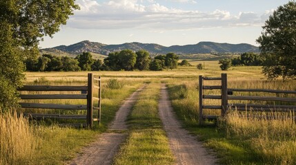 Fototapeta premium Serene Countryside Landscape with Wooden Gate