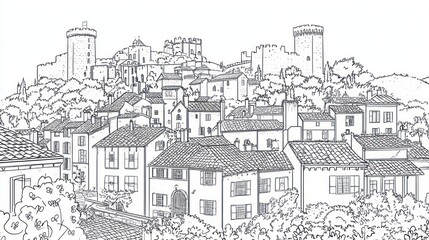 Obraz premium Hilltop village with medieval castles, scenic background, travel postcard