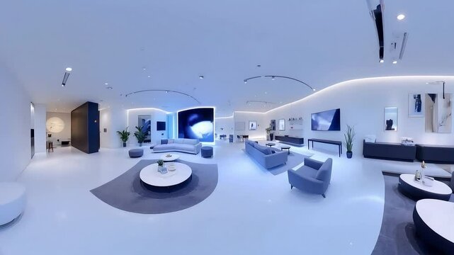 Modern Luxury Living Room Interior Design with Gray Furniture and Blue Lighting