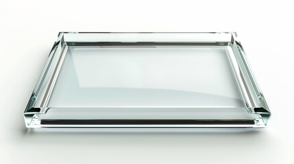 A transparent glass photo frame with smooth beveled edges, isolated on white. The crisp reflections and polished surface add realism.