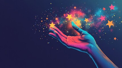 Vibrant hand gently cradles glowing stars digital art. AI Generated