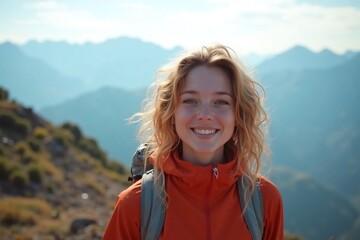 woman on mountain trail in rustcolored jacket gray backpack