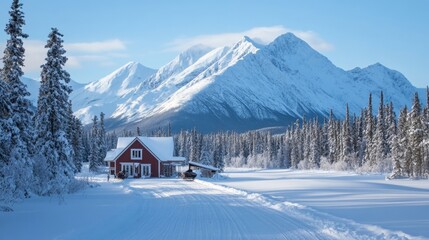 Fototapeta premium Winter Cabin nestled in Snowy Mountains