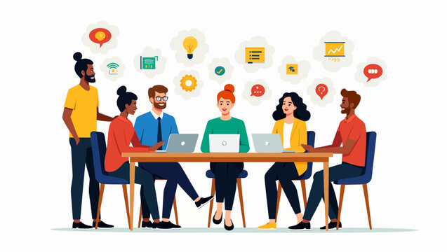 Illustration of a business team brainstorming ideas with icons representing creativity. Represents innovation, collaboration, and corporate growth. - Powered by Adobe
