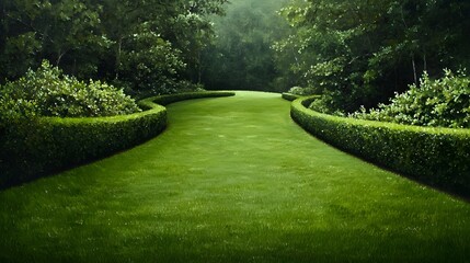 Naklejka premium Manicured Emerald Lawn with Neatly Trimmed Hedges Framing an Inviting Serene Outdoor Vista in the Tradition of 19th Century Plein Air Realist Landscape Painting