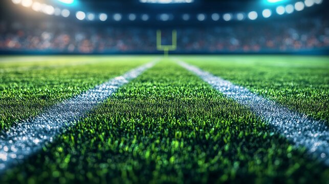 Night Football Field Dramatic Lighting Goalpost Gleams. AI Generated