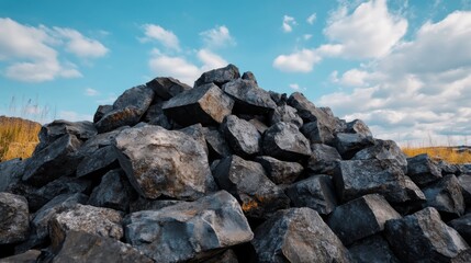 Large rock pile under a blue sky.  Landscape image for construction or geology