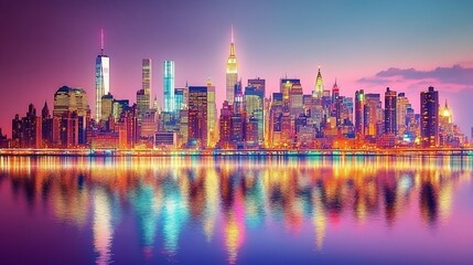 Obraz premium Vibrant cityscape reflected in water at dusk, showcasing a beautiful skyline with illuminated buildings