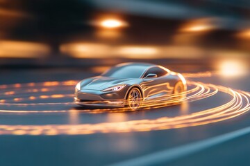 Fototapeta premium A car speeds down the street, enveloped in a glowing ribbon of energy, showcasing an innovative representation of safety amidst high velocity movements on a city road