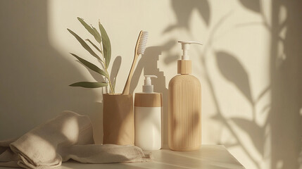 A wooden soap dispenser sits on a table next to a toothbrush and a towel. Concept of cleanliness and organization, with the toothbrush
