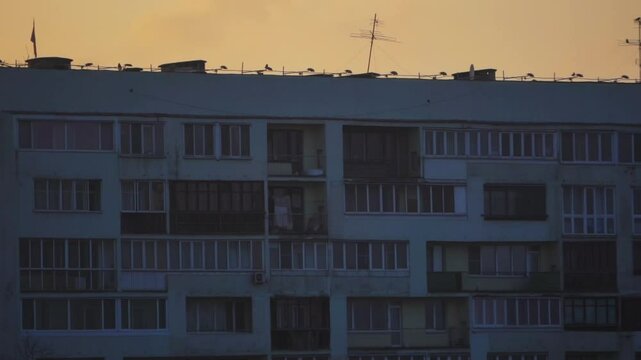 Soviet block house in city. Brutal apartment building of the 80s
