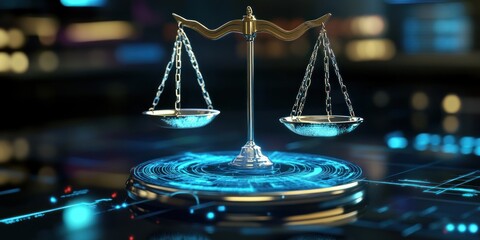 A close-up of a holographic display showing real-time legal analytics and predictive models powered by AI