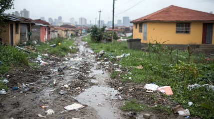 Urban slum street scene; littered alleyway; overcast day; background of city buildings; possible use for social issues, poverty, or environmental campaigns