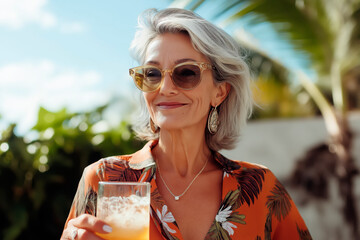 Middle-aged woman dressed for summer standing outdoors with a cold alcoholic drink in her hand.