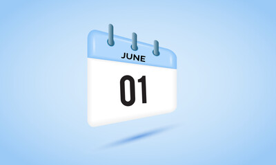 1st June daily calendar icon template. June 1 day calendar design. Single day calendar in vector illustration flat style.