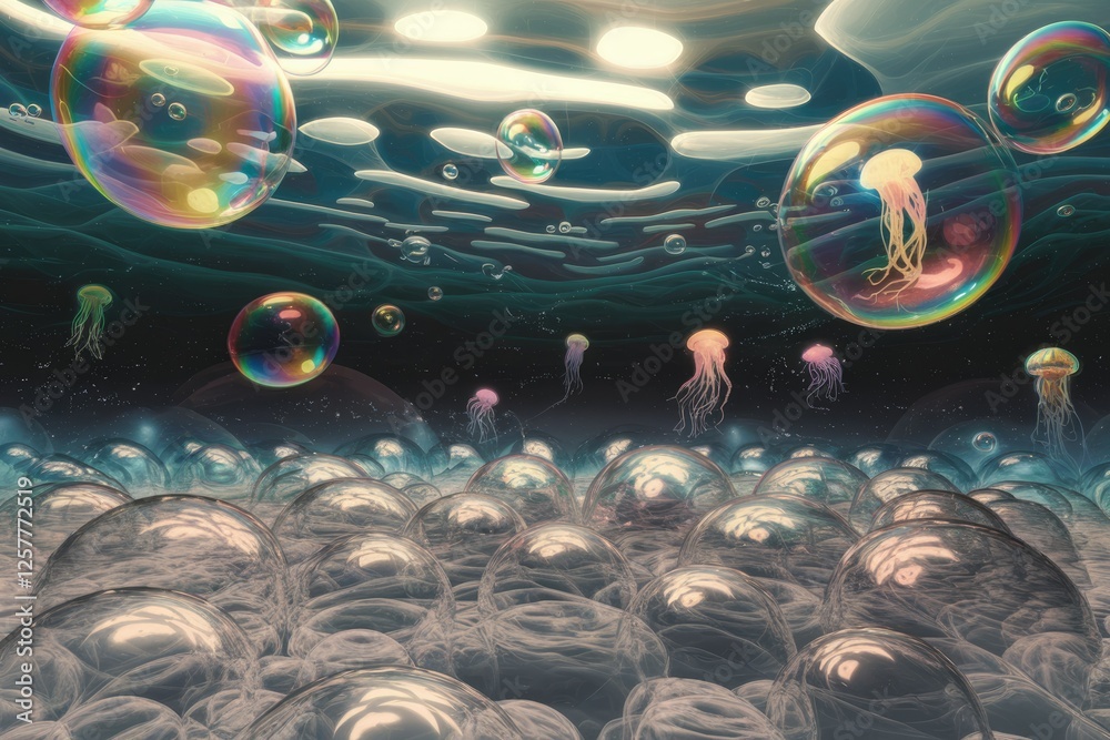 Poster surreal underwater scene with iridescent bubbles and jellyfish, creating a dreamlike atmosphere.
