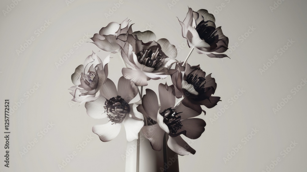 Poster monochromatic bouquet of stylized flowers in a minimalist vase, creating an elegant and artistic sti