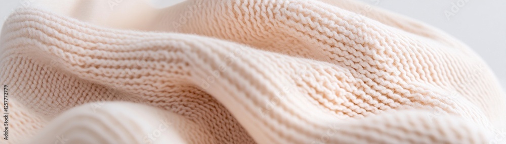 Poster textured beige fabric showcases a structured geometric knit pattern, enhanced by ultra-sharp lightin