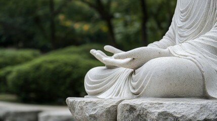 Serene Buddha statue meditating in a peaceful garden