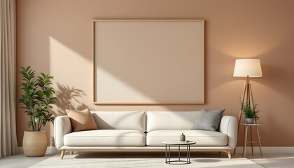 Modern living room interior design, beige walls, sofa, empty frame, sunlight