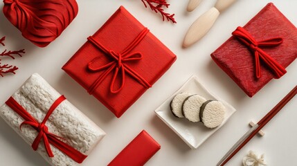 Red and white gifts, food, and decor.