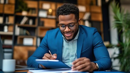 A vibrant image of a small business owner using a smart law app to create employee contracts and manage compliance