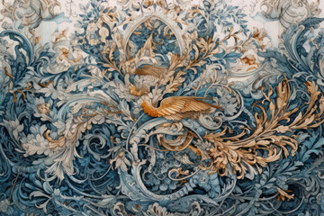 decorative illustration in baroque style. The main elements of the composition include a variety of graceful curls, leaves and flowers that intertwine with each other, 