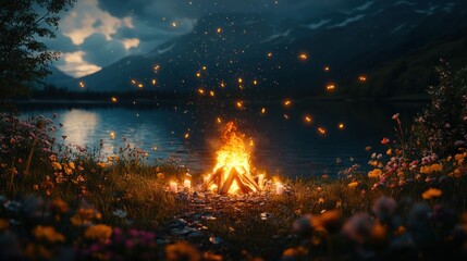 Obraz premium Serene Lakeside Campfire Under A Starry Sky