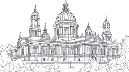 Cathedral architectural drawing, city skyline, trees, peaceful background, design element