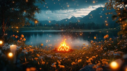 Calm Lake With Campfire And Glimmering Stars