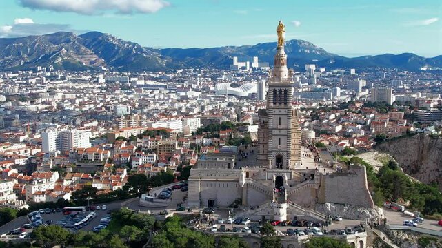  Aerial view above Marseille and Notre Dame de la Garde