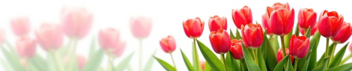 Vibrant red tulips, lush bouquet, white backdrop, blossoms, floral arrangement