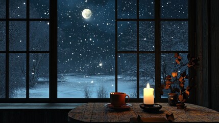 Cozy winter night scene moonlit snowy landscape viewed from a window with a warm drink and candle