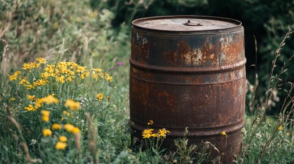 Rusty Barrel Amidst Wildflowers