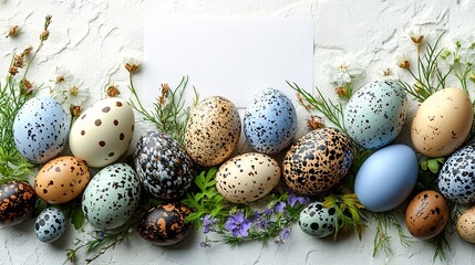 Obraz premium Cozy Magical Easter Flatlay Scene with Colorful Decorated Eggs