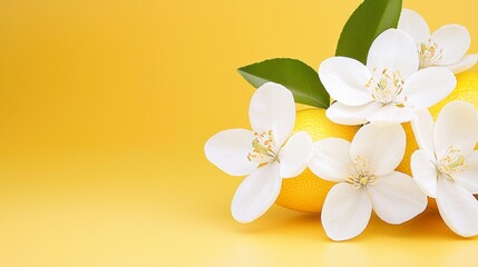 Fototapeta premium A bunch of lemons with white flowers on a yellow background