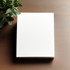 Blank Paper Card on Wooden Table Surrounded by Greenery for Creative Design or Office Use in Minimalist Style