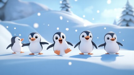 Animation 3D adorable penguins waddling side by side on a snowy