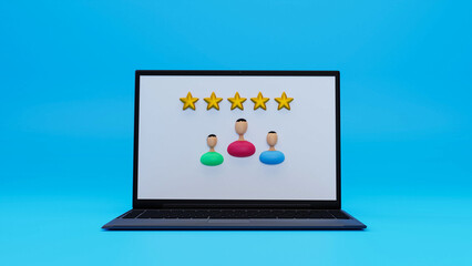 3D Customer Review Rating Concept – Laptop Screen Displaying Five-Star Feedback with User Avatars, Online Reputation, Client Satisfaction, and Digital Reviews